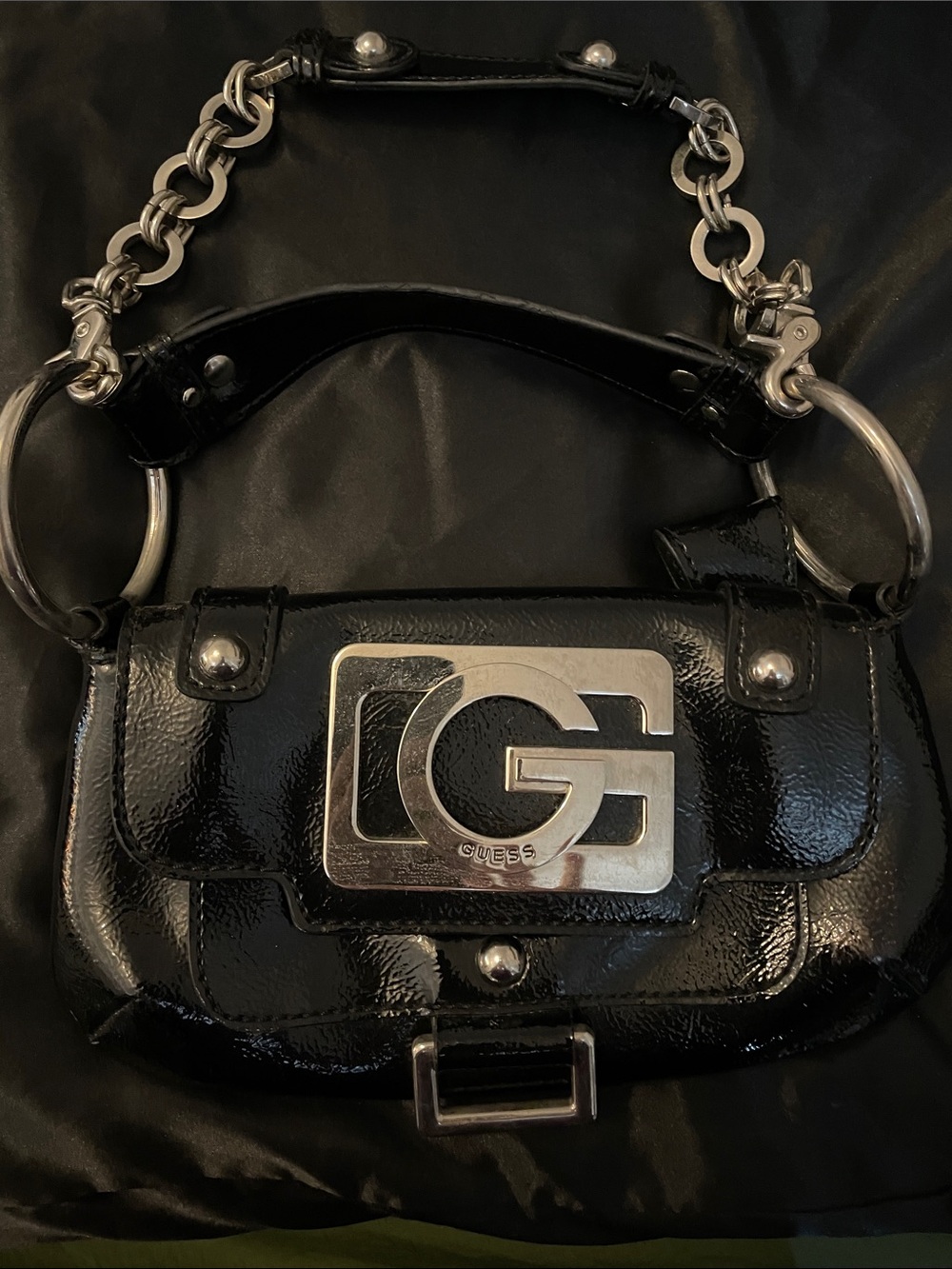 Vintage GUESS Black Patent Leather Shoulder Bag with Silver Logo Plate
